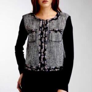 LKNW BCBGeneration M Blazer White Black Tweed Floral Chiffon Fringe Pocket